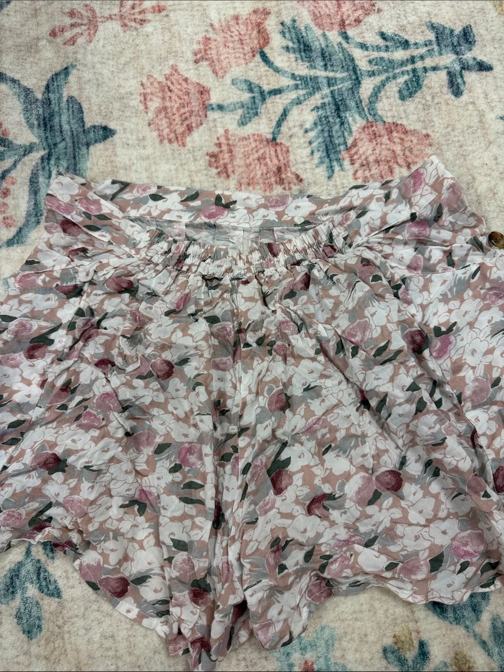 Free People Ruffled Floral Elastic Waist Shorts - Soft Pink & Gray